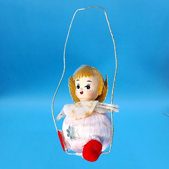 Vintage 1960s Satin Ball Angel Ornament Foil Wings Spun Cotton Composite Face v4 - Picture 6 of 8